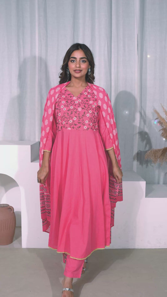 Embroidered Soft Cotton Solid Angrakha Pink Kurta