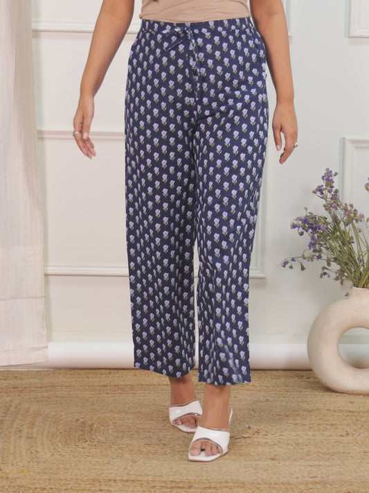 Soft Cotton Floral Blue Straight Trousers