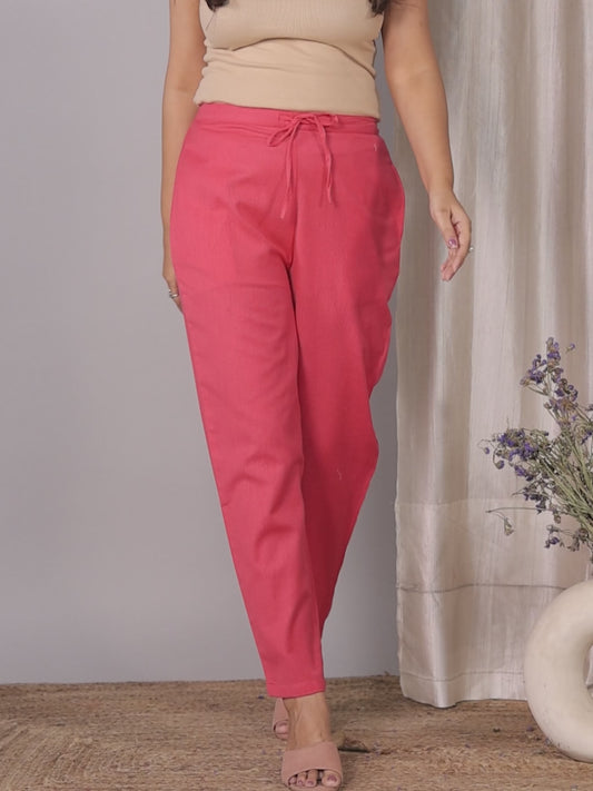 Embroidered Linen Cotton Solid Pink Tapered Trousers