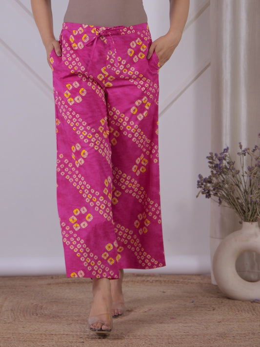 Soft Cotton Bandhani Pink Flared Trousers