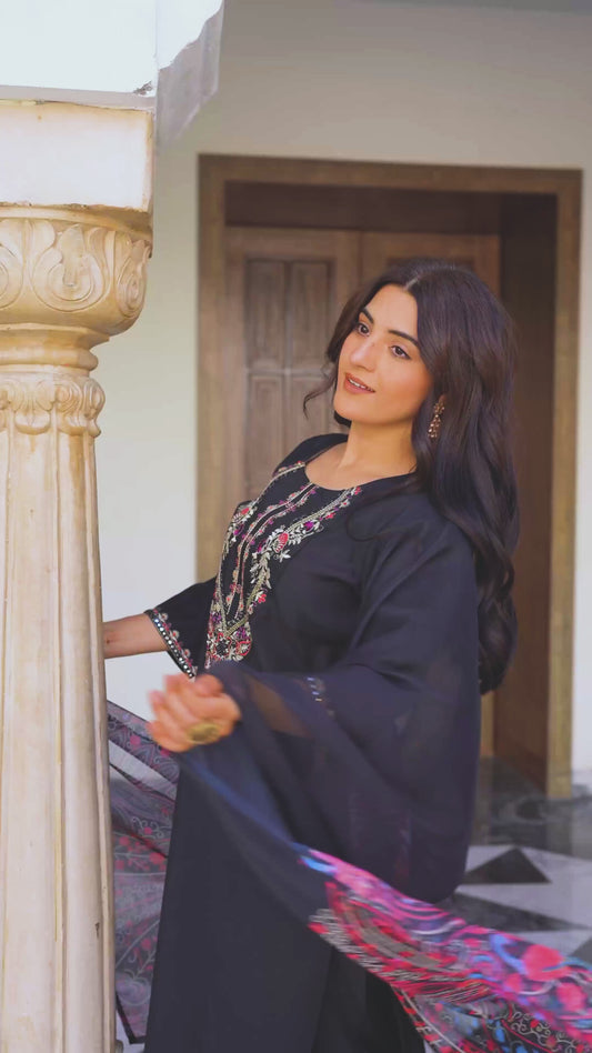 Embroidered Blended Silk Solid Black Straight Kurta