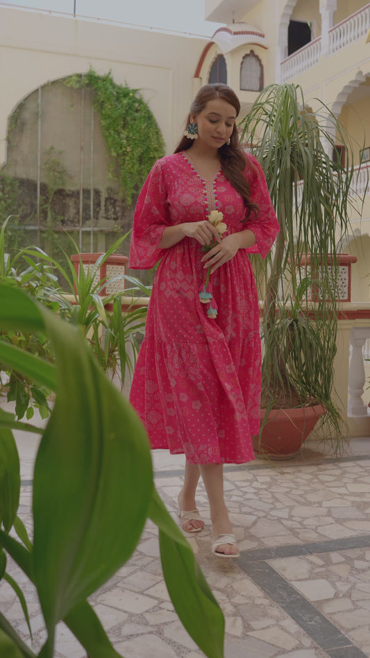 Soft Cotton Bandhani Gathered Pink Dress