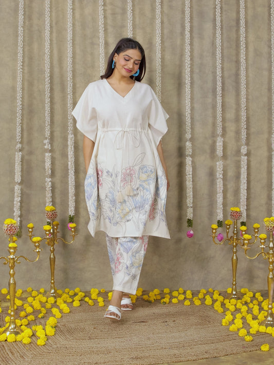 Linen Cotton Placement Print Kaftan Off White Kurta