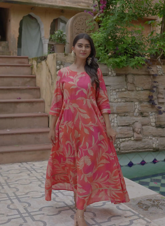 Blended Silk Floral Anarkali Orange Dress (With Belt)