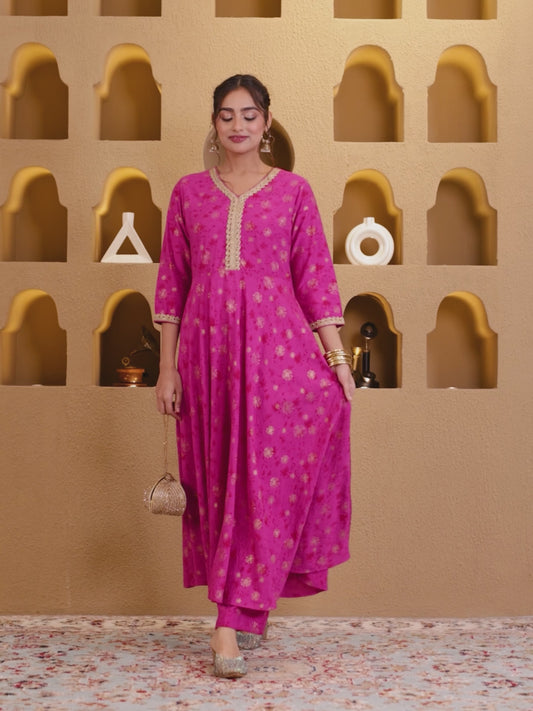 Viscose Gold foil Anarkali Pink Kurta