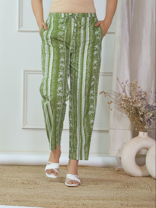 Soft Cotton Floral Green Tapered Trousers