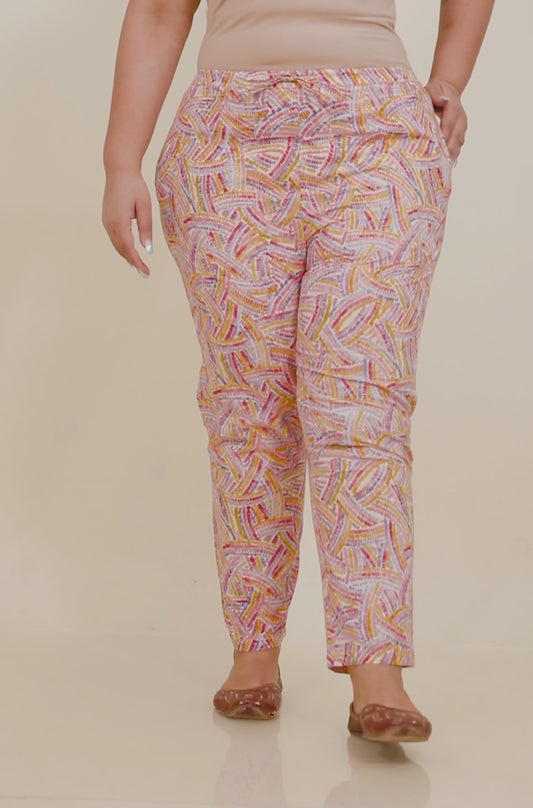 Soft Cotton Abstract Pink Tapered Trousers
