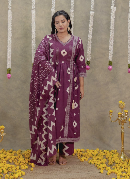 Soft Cotton Ikat Kalidar Purple Kurta