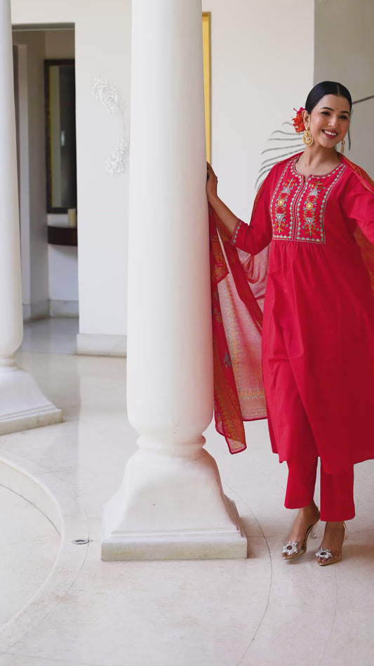 Embroidered Soft Cotton Solid Flared Red Kurta