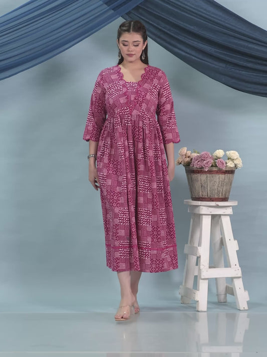 Soft Cotton Patchwork Anarkali Pink Dress