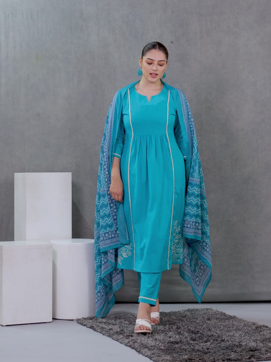 Embroidered Linen Cotton Solid Flared Teal Kurta