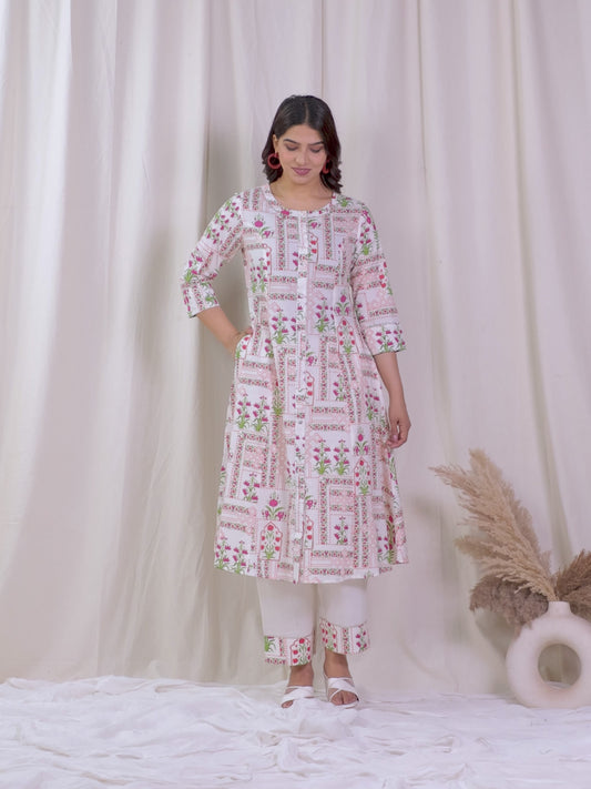 Soft Cotton Floral Flared Off White Kurta