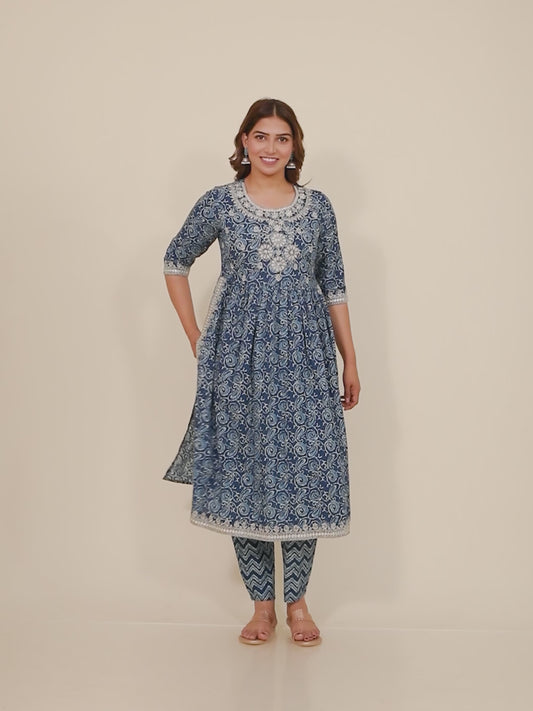 Soft Cotton Paisley Naira Cut Blue Kurta