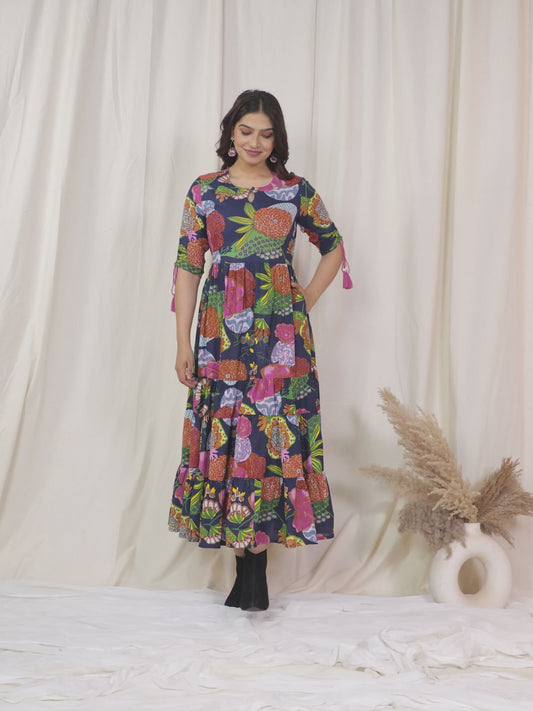 Soft Cotton Floral Flared Multicolor Dress