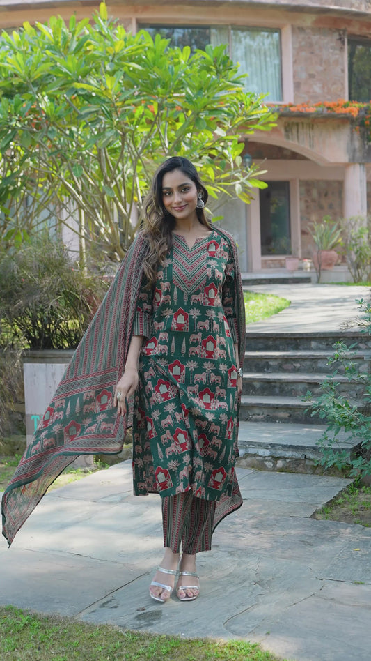 Embroidered Soft Cotton Abstract Straight Dark Green