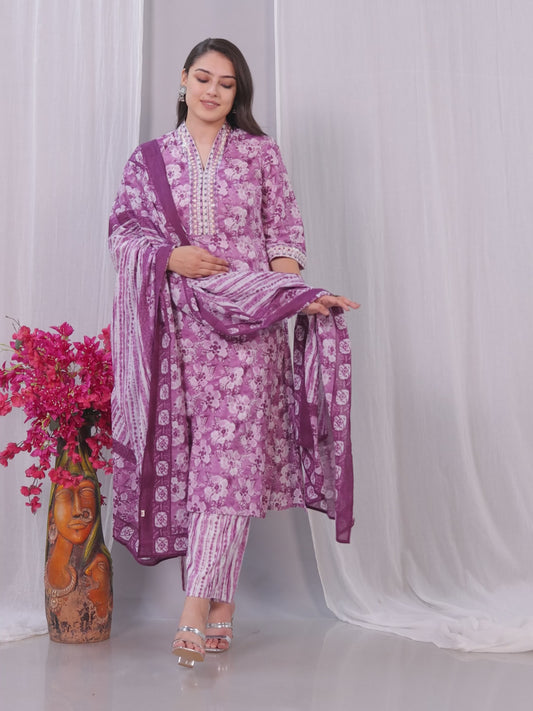 Embroidered Soft Cotton Floral Straight Purple Kurta