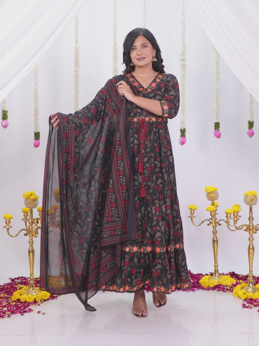 Viscose Floral Anarkali Black Kurta