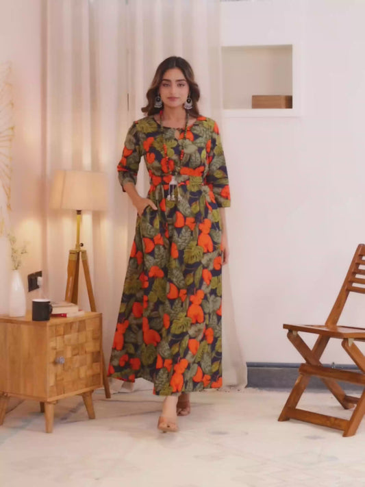 Soft Cotton Floral Anarkali Multicolor Dress