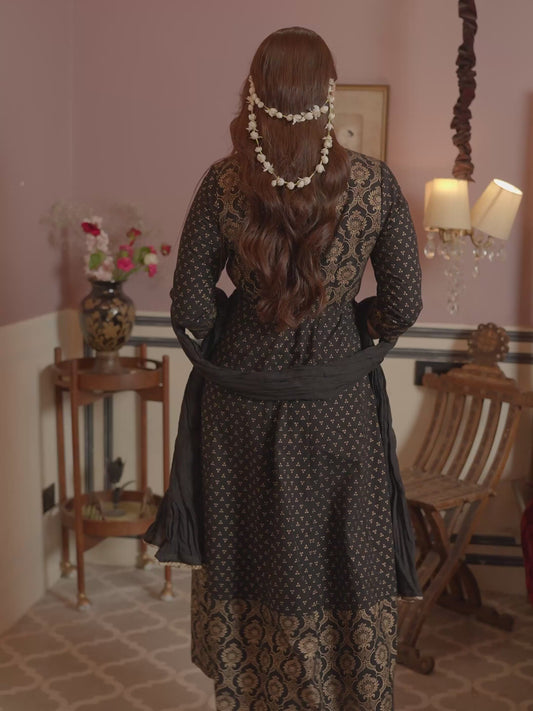 Soft Cotton Gold foil Anarkali Black Kurta