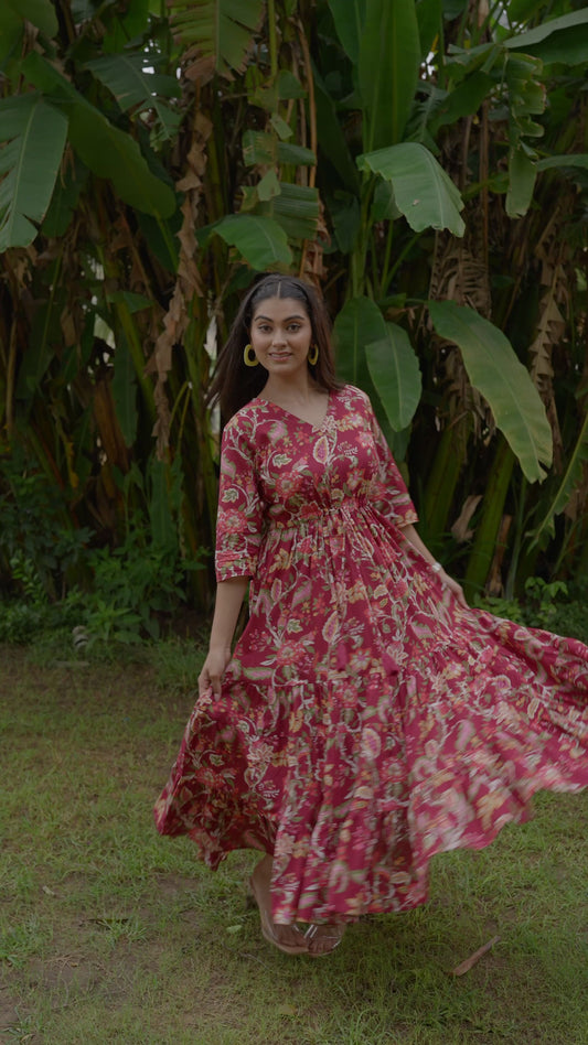 Soft Cotton Floral A-line Maroon Dress