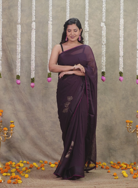 Chiffon Gold foil Purple Saree