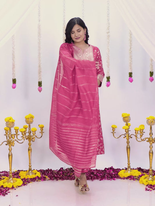 Blended Silk Floral Flared Royal Pink Kurta