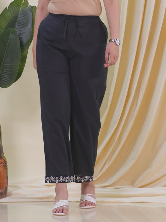 Embroidered Soft Cotton Solid Black Straight Trousers