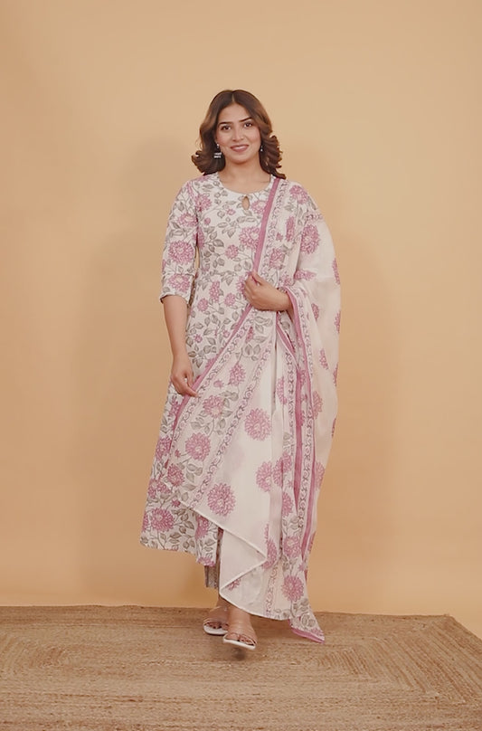 Soft Cotton Floral Flared Pink Kurta
