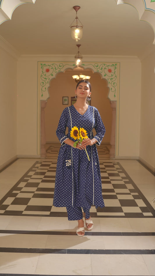Soft Cotton Bandhani Flared Blue Kurta