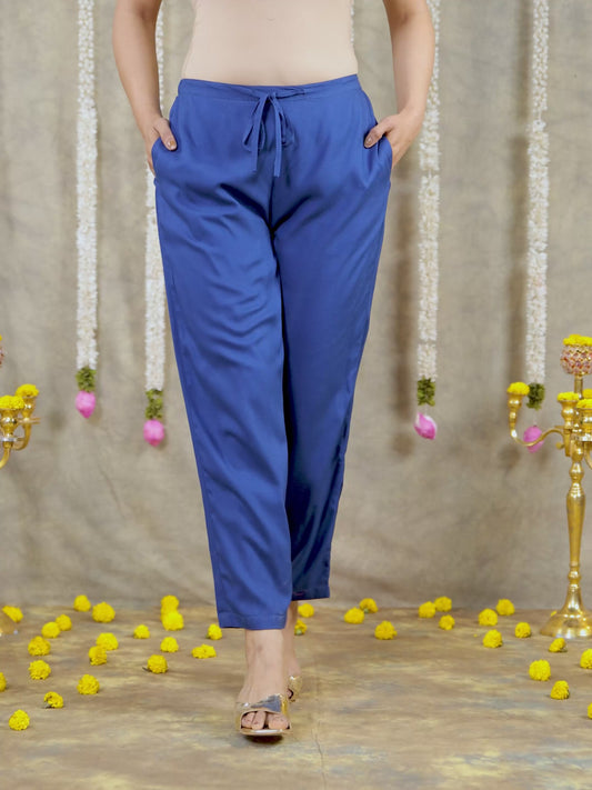 Viscose Solid Blue Tapered Tapered Trousers