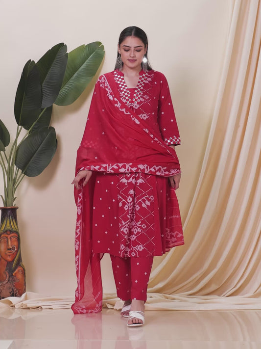 Embroidered Soft Cotton Geometric Flared Red Kurta