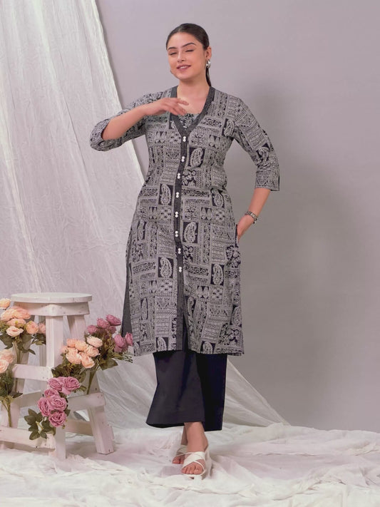 Soft Cotton Patchwork A-line Black Kurta