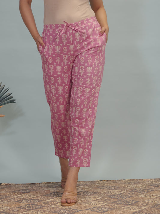 Soft Cotton Floral Pink Tapered Trousers