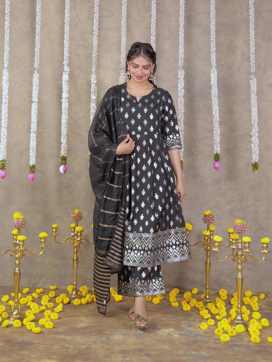 Chanderi Gold foil Anarkali Black Kurta