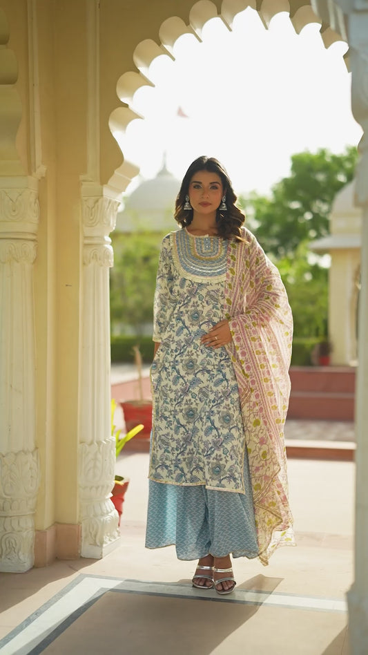 Soft Cotton Floral Straight Blue Kurta