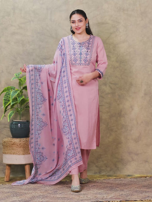 Embroidered Linen Cotton Solid Straight Peach Kurta