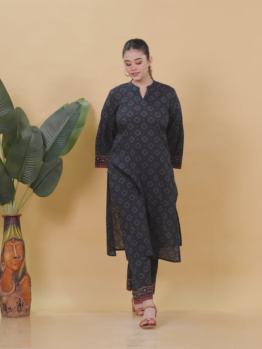 Soft Cotton Floral Straight Black Kurta