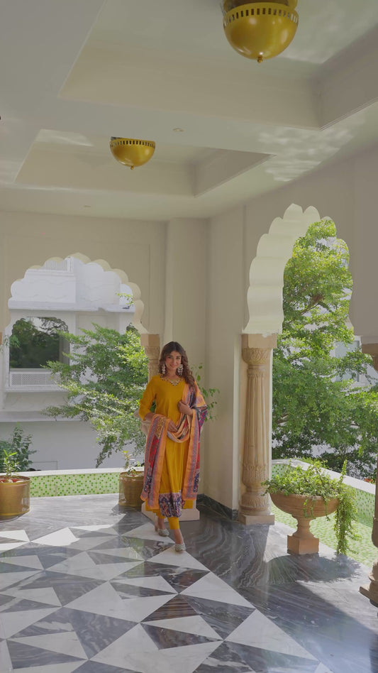 Embroidered Blended Silk Solid Flared Yellow Kurta