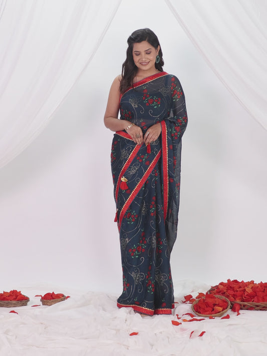 Chiffon Gold foil Teal Saree