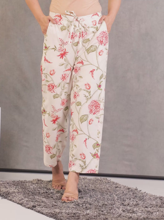 Linen Cotton Floral Off White Straight Trousers