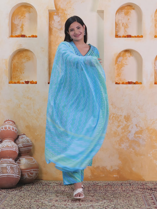 Embroidered Soft Cotton Leheriya Straight Blue Kurta