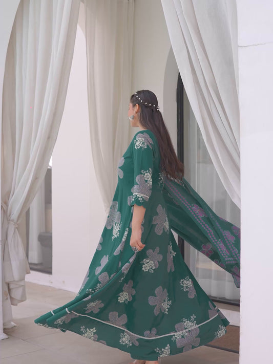 Soft Cotton Floral Anarkali Green Kurta