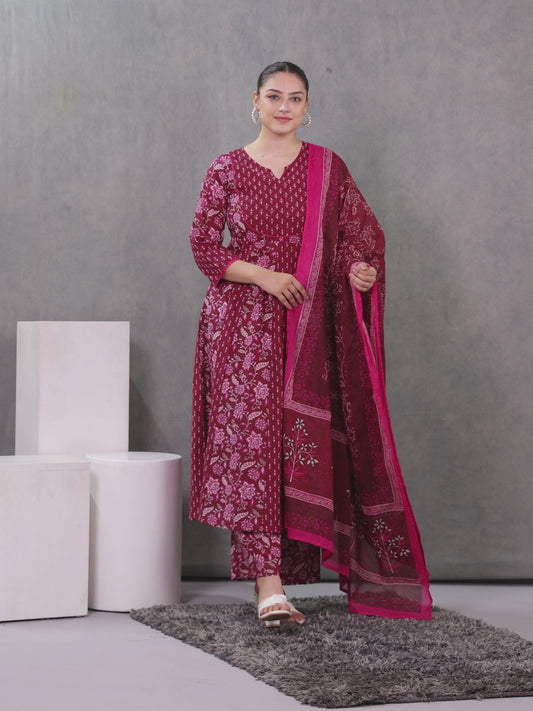 Soft Cotton Floral Anarkali Maroon Kurta
