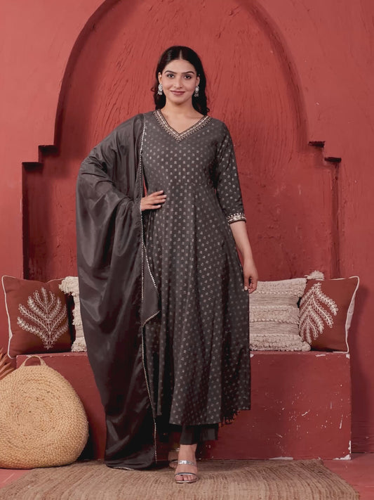 Embroidered Roman Silk Gold Foil Anarkali Grey Kurta