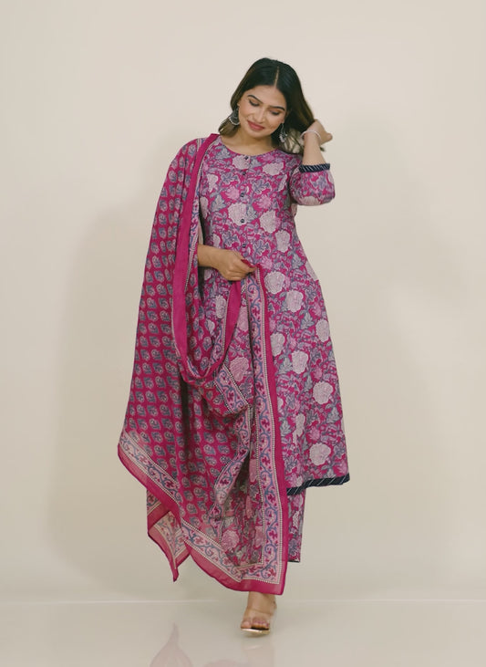 Soft Cotton Floral Flared Pink Kurta