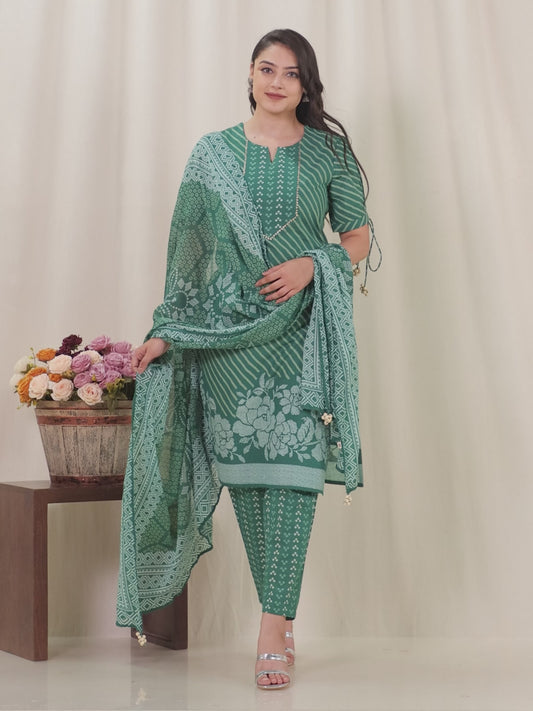 Soft Cotton Placement Print Straight Green Kurta
