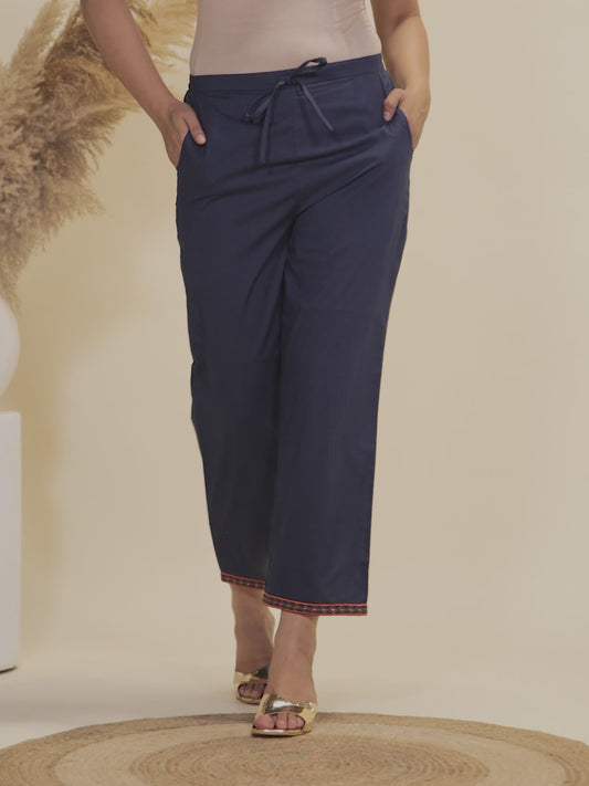 Embroidered Soft Cotton Solid Blue Straight Trousers