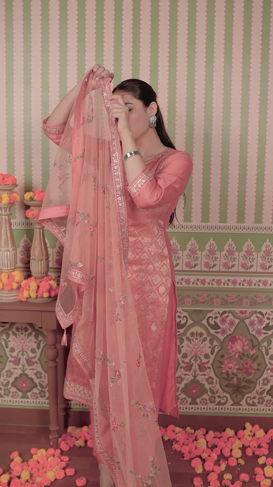 Embroidered Silk Jacquard Solid Peach Straight Kurta