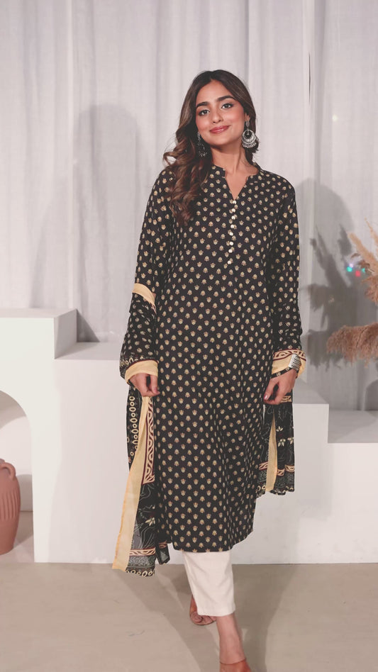 Soft Cotton Butti Straight Black Kurta
