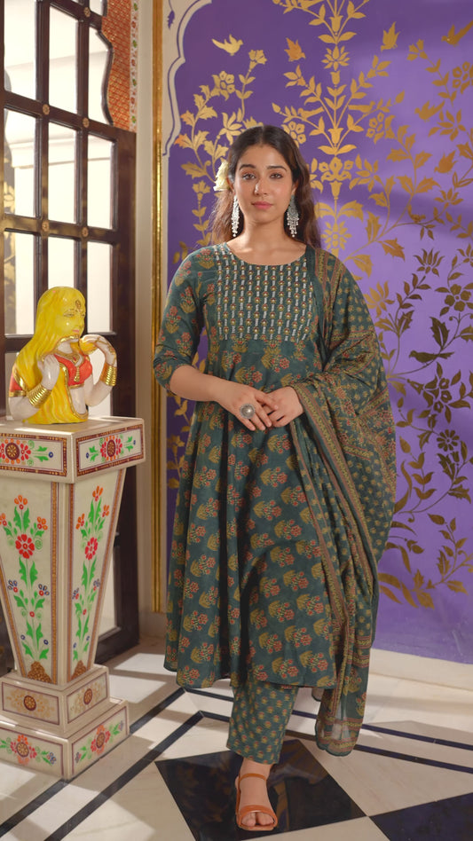 Embroidered Soft Cotton Floral Anarkali Green Kurta